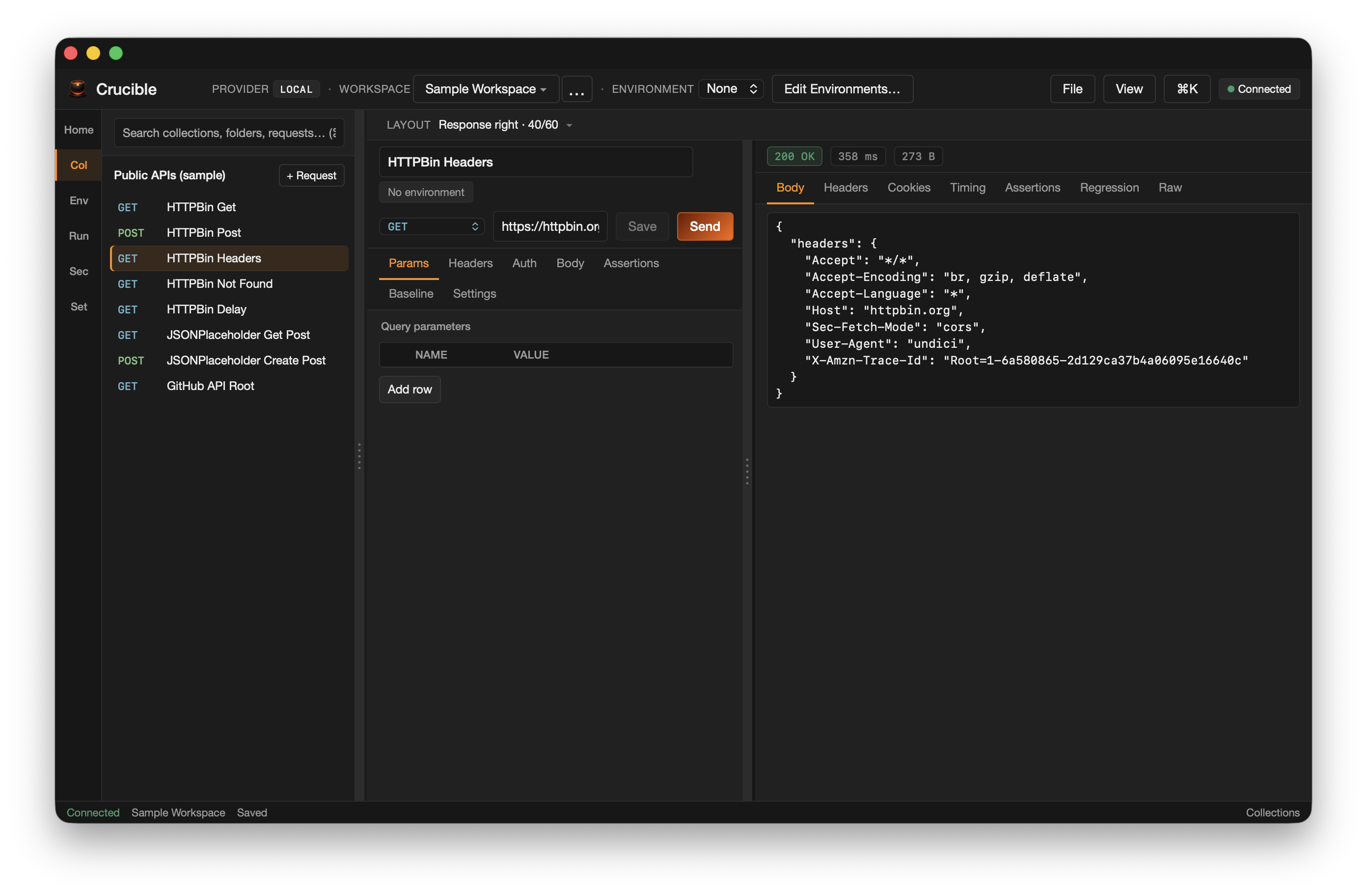 Crucible request editor with method, URL, and headers