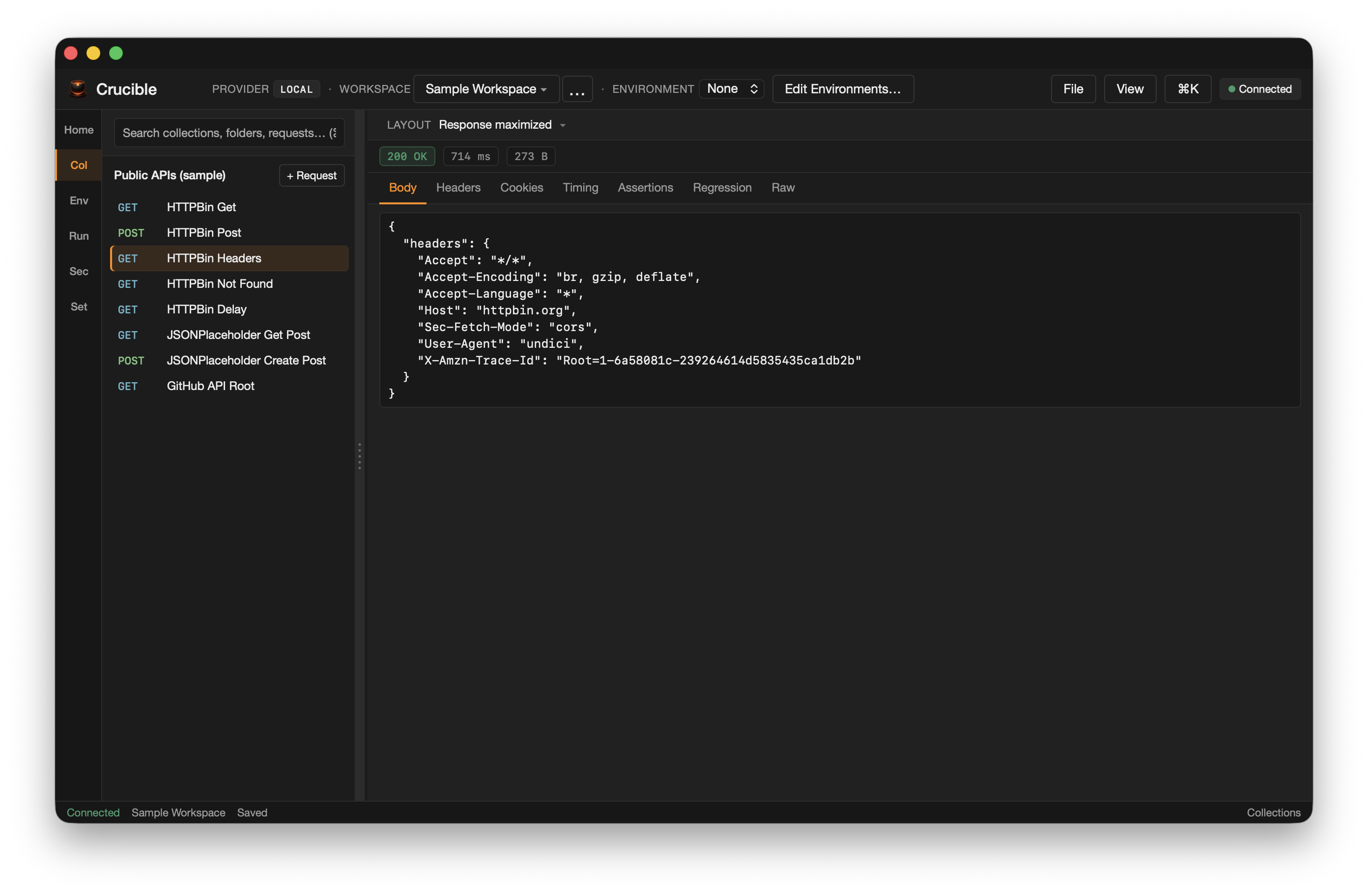 Crucible response viewer showing status and body