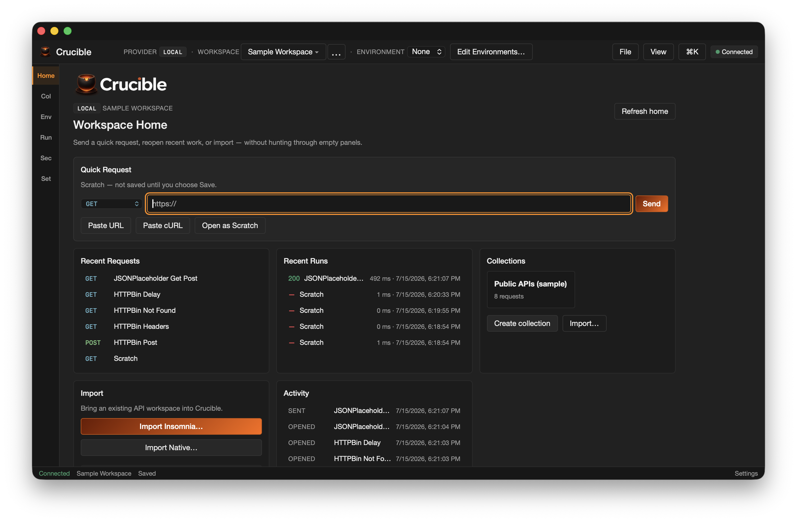 Crucible Workspace Home with Quick Request and recent activity